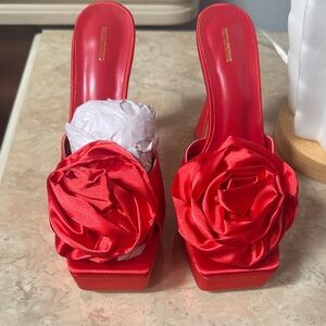 PrettyLittleThing Red Satin Heels with Floral Accent